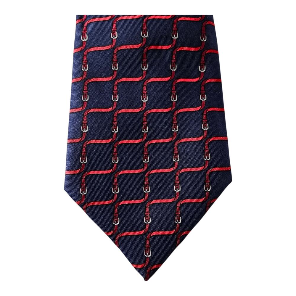 HERMES Paris 100% Silk Tie Navy Blue Red Buckle Pattern Classic 54 x 3.25"